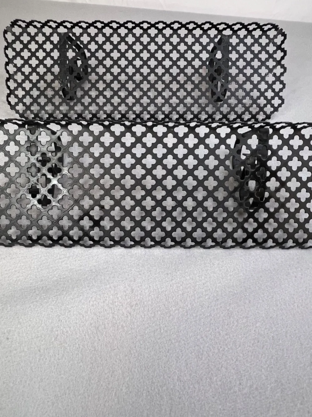 MCM Black Metal Wall Shelf Clover Leaf Lattice Pattern Scalloped Edges Set of 2